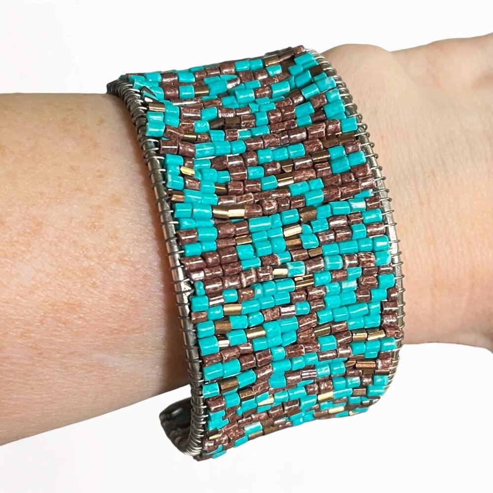Turquoise Blue Beadwork Cuff Bracelet Silver Tone 1.25" Wide Artisan Southwest